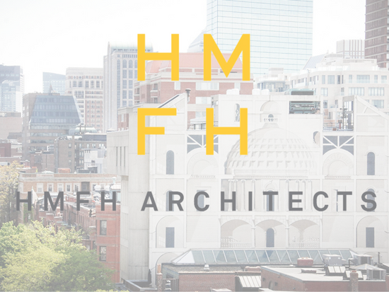 HMFH Architects Logo with background of the BAC 320 Newbury building mural.