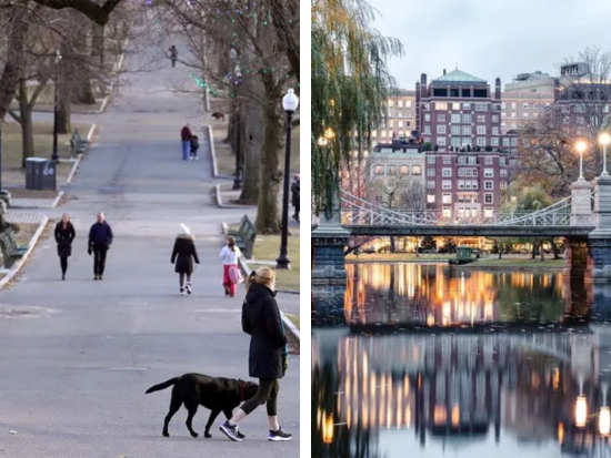 The Boston Common, right, and Public Garden, left, are adjoining parks with totally different vibes. Photos by Steven Senne, AP and Diego Lopez, GBH News.