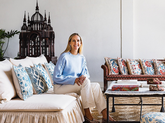 Milicent Armstrong sits at her recently launched Artemis’s flagship retail space in Marblehead, which will be an appointment-only haven for Middle Eastern–inspired footwear, bags, and home goods. Photo by Joyelle West.