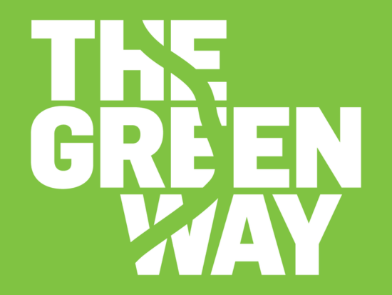 Rose Kennedy Greenway Conservancy (logo). Green background with white font and a trail cutting through the text: 'The Greenway'. 