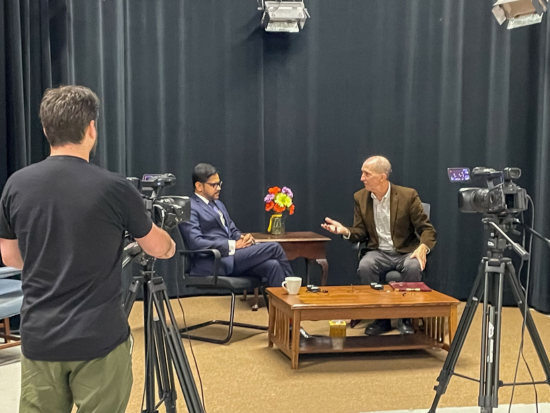 President Mahesh Daas and Paul Basken, North America Editor at Times Higher Education and longtime Chronicle of Higher Education reporter, tape a segment for Winthrop Community Access Television on geothermal power.