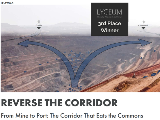 Open-pit mining landscape with illustrated arrows forming a corridor concept, labeled ‘Reverse the Corridor: From Mine to Port: The Cooridor That Eats the Commons,’ Lyceum Fellowship 3rd place winner Merv Benjamin design.