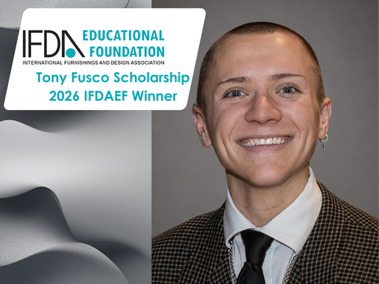 Top left label 'IFDA (logo) Educational Foundation, Tony Fusco Scholarship 2026 IDFAEF Winner' and right professional headshot of winner Troy Rudolph, with short hair, wearing a patterned blazer and tie.