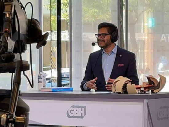 President Mahesh Daas records live on The Culture Show at the GBH's Studio inside Boston Public Library.