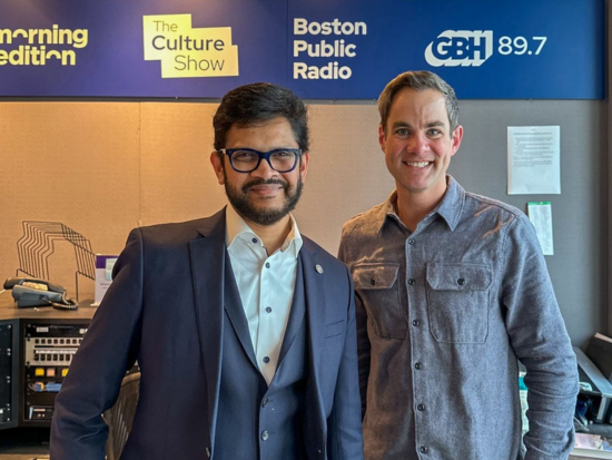 The Culture Show host, Jared Bowen, and recurring guest, BAC President Mahesh Daas, in a GBH recording booth.