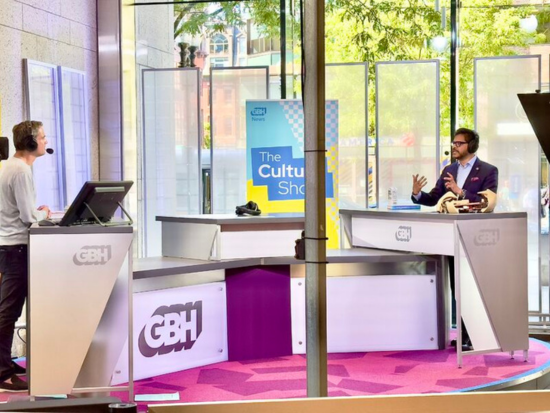 President Mahesh Daas speaks with The Culture Show's host Jared Bowen at the GBH's Studio inside Boston Public Library.