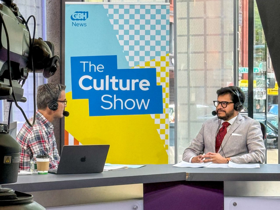 The Boston Public Library's GBH studio as host Jared Bowen (left) records The Culture Show with guest BAC President Mahesh Daas (right).