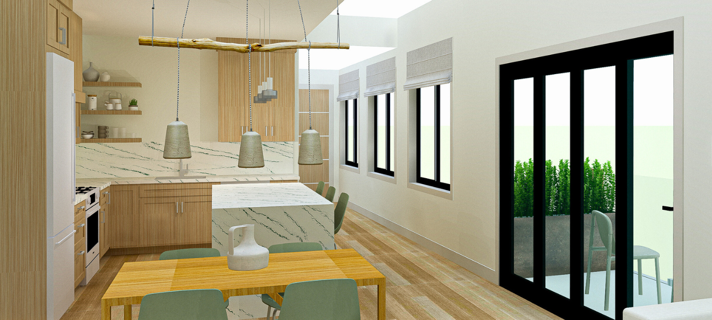 An apartment's open concept kitchen and dining room rendered design from BAC student Thomas Cook, BIA'22.