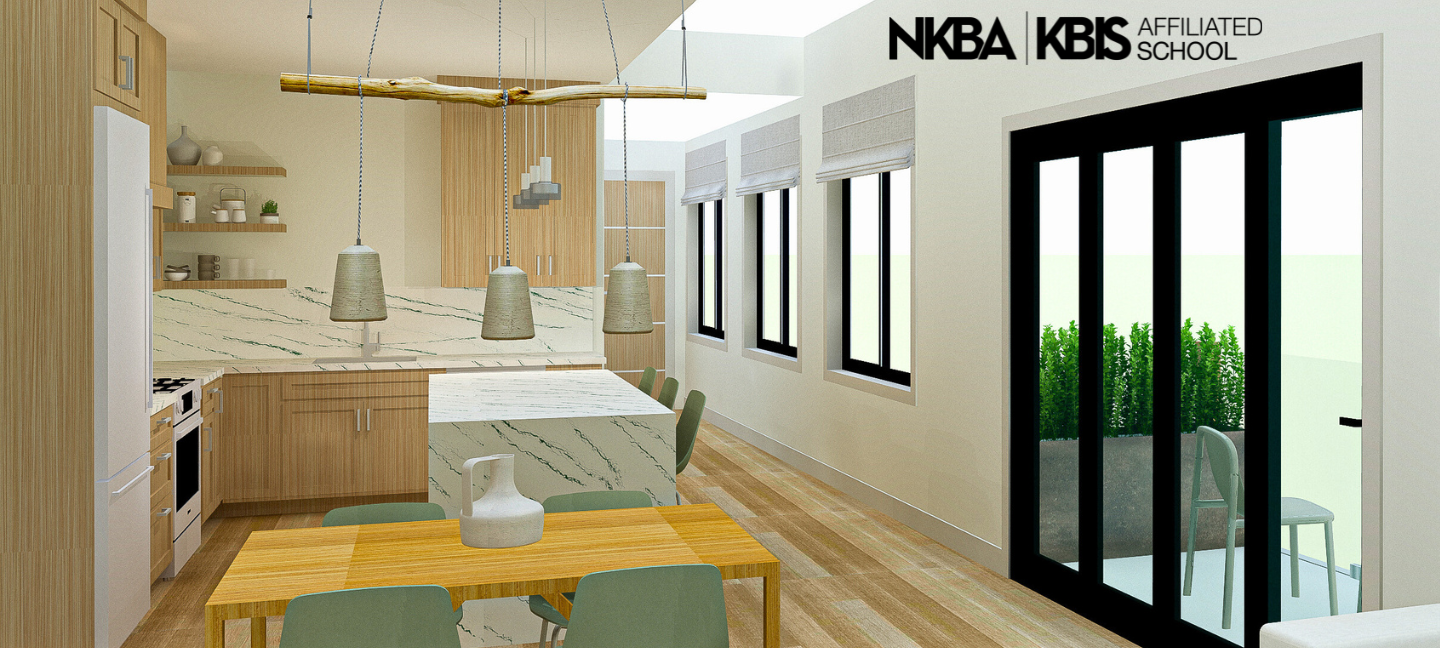 An apartment's open concept kitchen and dining room rendered design from BAC student Thomas Cook, BIA'22. (NKBA KBIS Affiliated Schools logo in top)