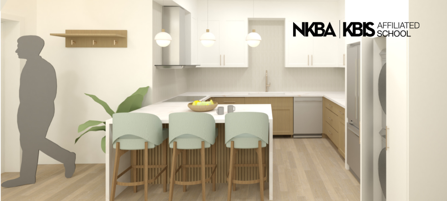 Contemporary kitchen design featuring custom cabinetry, penninsula seating, integrated appliances, and detailed residential space planning. Brittany Ruskey, MIA'24.