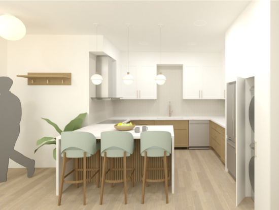 Contemporary kitchen design featuring custom cabinetry, penninsula seating, integrated appliances, and detailed residential space planning. Brittany Ruskey, MIA'24.