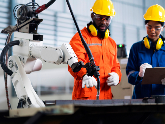 Two technicians collaborate on the robotic arm in front of them.