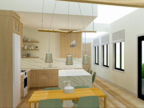 An apartment's open concept kitchen and dining room rendered design from BAC student Thomas Cook, BIA'22.