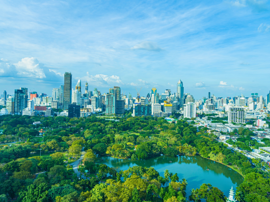 Beautiful landscape of Lumpini Park with the cityscape in the background of Bangkok, Thailand.