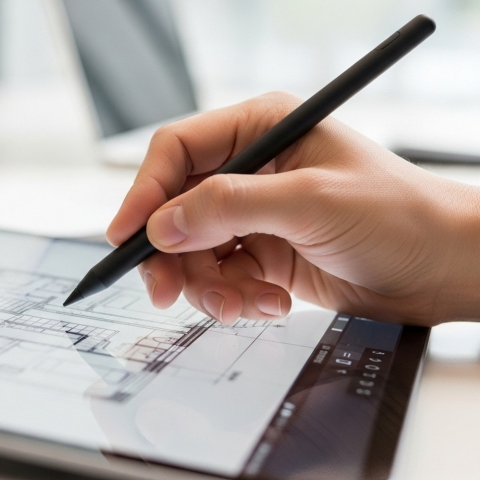 Close-up of hand using stylus on digital tablet to create architectural floor plan for modern building design in advanced urban representation.