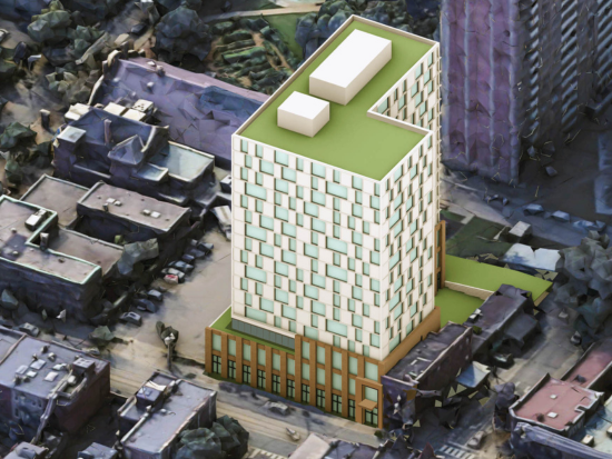 Architectural rendering of a 16-story mixed-use residential building with a green roof, courtyard terrace, and community space within an urban neighborhood. Photo from Jose Castillo-Pilcol, MDS'26.
