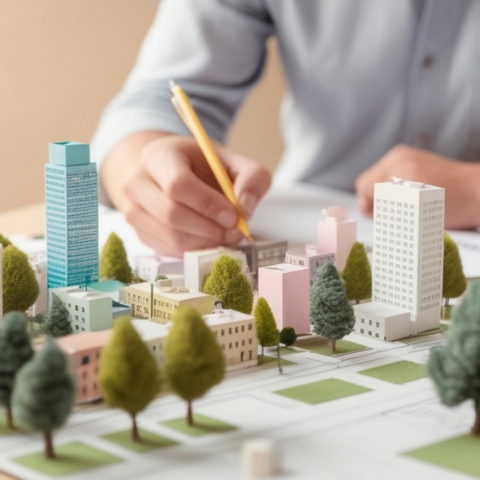 Person designing colorful miniature buildings within scaled urban neighborhood layout featuring trees and streetscape elements for capstone studio.