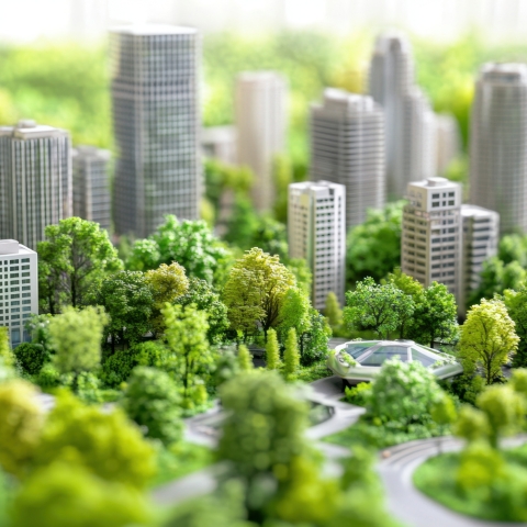 Detailed miniature cityscape surrounded by greenery showcasing sustainable urban planning principles for future cities in design studio.