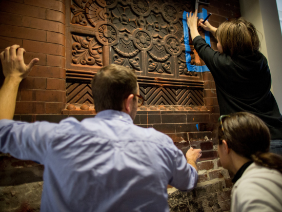 During the Master of Design Studies Historic Preservation Spring 2015 Intensive, students gain practice revitalizing and preserving the original 1886 mantle work in the BAC's 951 Boylston Street building.