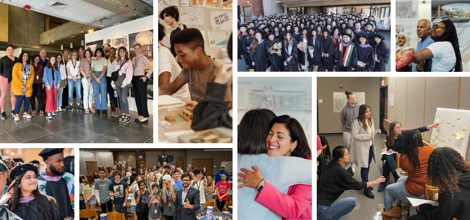 Collage of eight images of BAC students (left to right): Intensive students group photo in the Mccormick Gallery (top first photo). Summer Academy students enjoys working on a project (top second photo). BAC Class of 2024 Commencement group photo in front of 320 Newbury Street (top third photo). Students and family admire their work in the Graduate Exhibit in McCormick Gallery (top forth photo). Student smiles in her cap and gown before the 2024 Commencement Ceremony (bottom first photo). President Mahesh Daas takes a group photo with Summer Academy students (bottom second photo). Karen Nelson, Dean of Architecture, hugs a student celebrating their work at the Graduate Exhibit in McCormick Gallery (bottom third photo). Students work in a group ploting on a board with sticky notes (bottom forth photo).