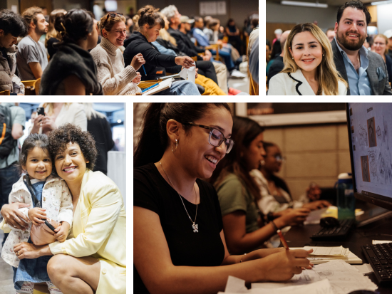 Students at the BAC (collage). Students interact while waiting for the start of a lecture in Cascieri Hall (top left). A students smile at the Academic Honors and Awards Ceremony (top right). A student and her young daughter smile at the Academic Honors and Awards reception in the  McCormick Gallery (bottom left). A student smiles while taking notes on paper in the computer lab at the BAC (bottom right).