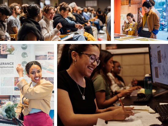 Students at the BAC (collage). Students interact while waiting for the start of a lecture in Cascieri Hall (top left). A woman and young child interact with the Slowness exhibit at the BAC McCormick Gallery (top right). A student celebrates winning an award at the Academic Honors and Awards ceremony (bottom left). A student smiles while taking notes on paper in the computer lab at the BAC (bottom right).