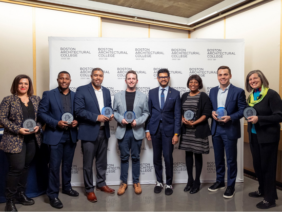 2022 Alumni Winners with the BAC President from L to R:  Jessica Haley (MID'12), Marcos Severino (B.Arch'18), Jonathan Garland (B.Arch'09), Michael McCullough(MDS-SD'16), President Mahesh Daas, Elizabeth Luc Clowes (MLA'19, Cert'14), Joshua Barnett (B.Arch'13), and Karen Nelson, Dean of the BAC School of Architecture.