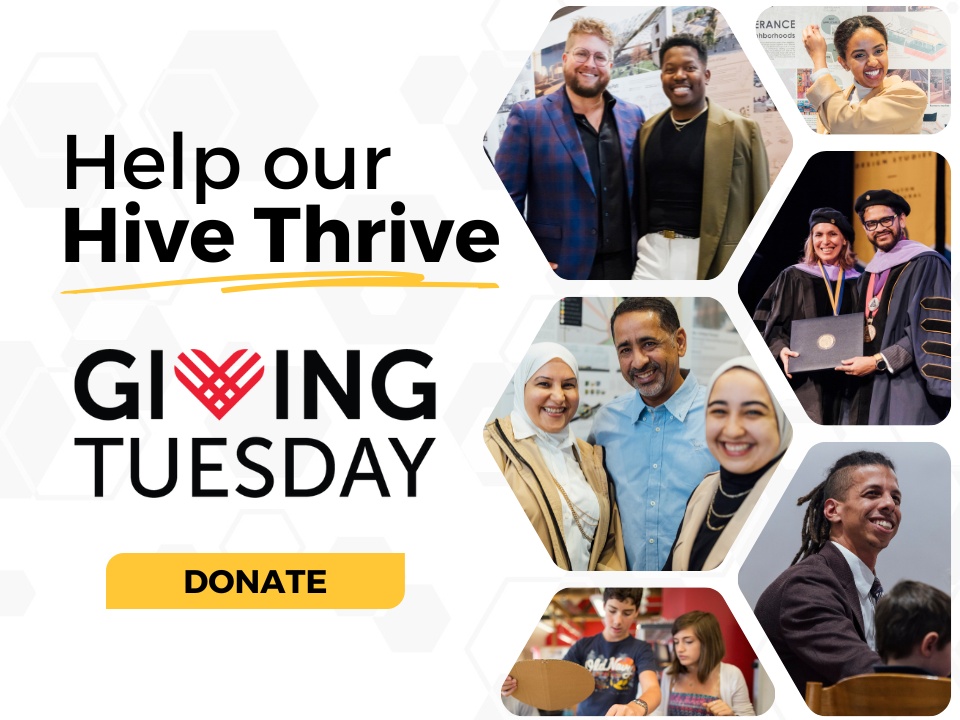 Help our Hive Thrive. GivingTuesday (logo). Donate (button). title=