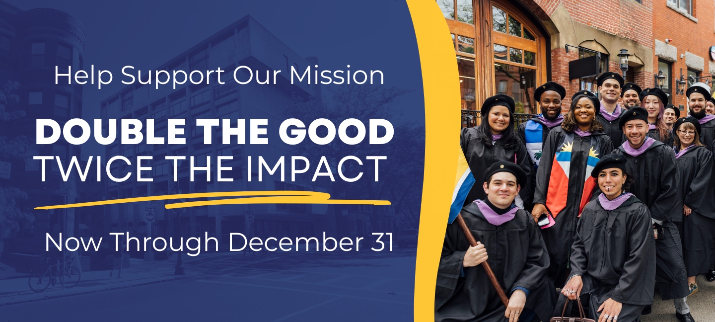 Text: Help Support Our Mission. Double the Good. Twice the Impact. Now Through December 31. Left Image: Graduating Students at Commencement 2025.