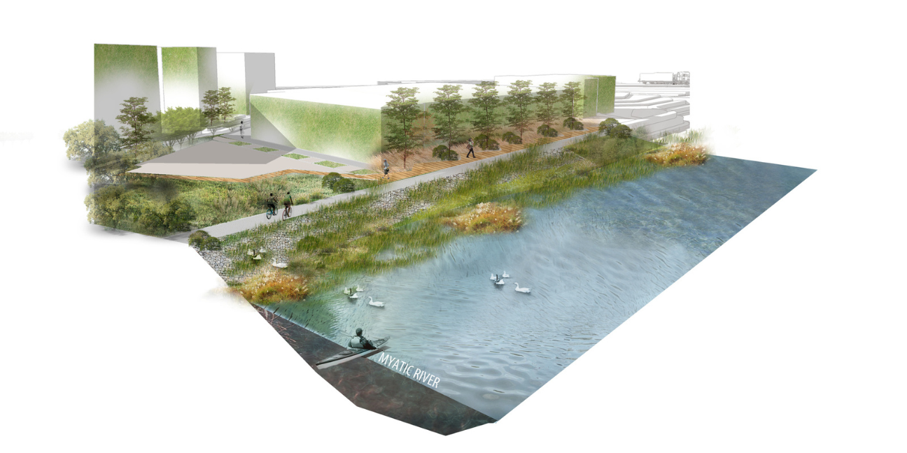 Guobin Pan, MLA'23, thesis project: Rainwater Community Redevelopment along Mystic River.