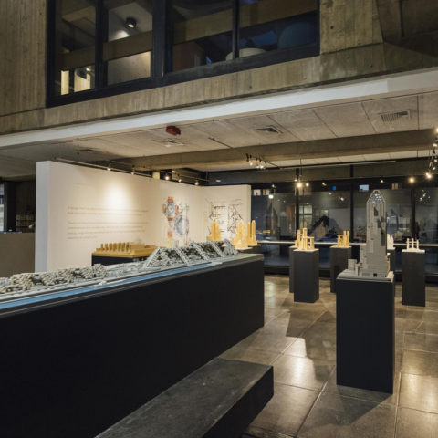 Image of the McCormick Gallery during the With Intention to Build: The Unrealized Concepts, Ideas, and Dreams of Moshe Safdie exhibit.