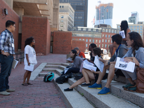 A group of students listened to an instructor during CityLab at the Government Center Plaza, Boston, MA.