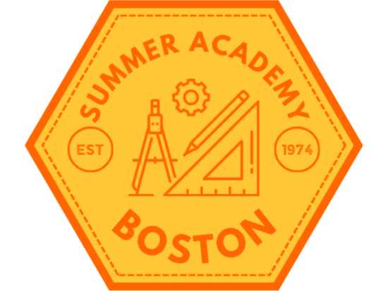 Summer Academy Boston logo (Hexagonal camp badge in an orange outline and writing with yellow background and the words  'Summer Academy Boston Est. 1974' with outlines of a gear, protractor, pencil, and triangle ruler in the middle.)