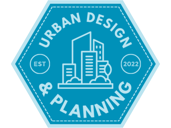 Urban Design and Planning logo (Hexagonal camp badge in a light sky blue outline and writing with blue background and the words  'Urban Design and Planning Est. 2020' with outlines of tall city buildings and landscaping in the middle.)