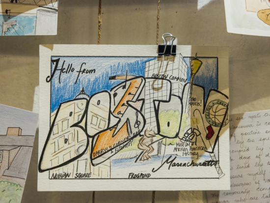 Hello from BOSTON postcard hand drawn by a BAC Student.