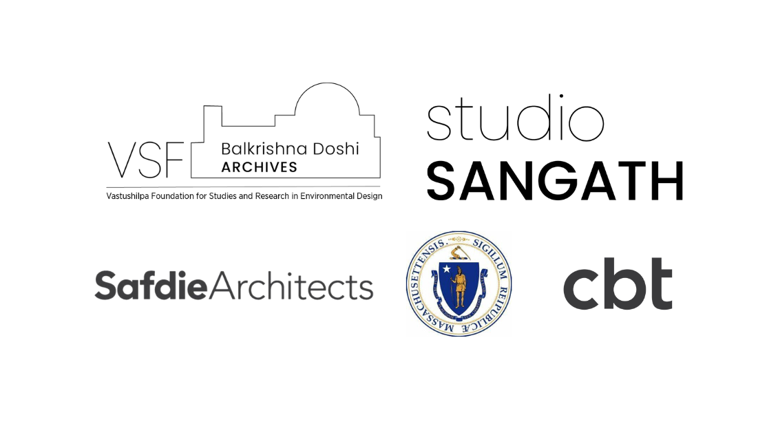VSF Balkrishna Doshi Archives: Vastushilpa Foundation for Studies and Research in Environmental Design logo, studio SANGATH logo, Safdie Architects logo, Commonwealth of Massachusetts logo, and CBT Architects logo.