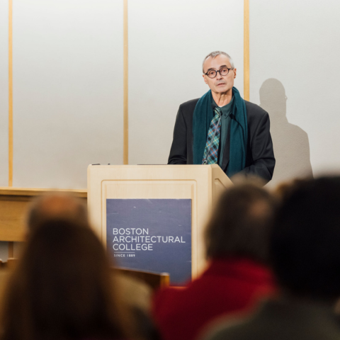 Ian F. Taberner, Director of Masters' Thesis for the BAC School of Architecture, speaks during A Tribute to Balkrishna Doshi event.