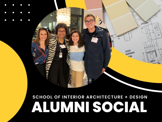 Image above Text: Denise Rush with students. Text: School of Interior Architecture + Design Alumni Social.