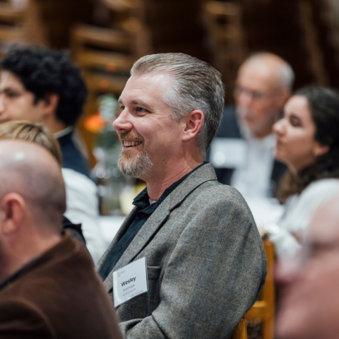 Wesley Stanhope, MDS-SD'13, Cert'11, laughs during the 2023 Alumni Award where he received the award for Distinguished Alumni in Design Studies.