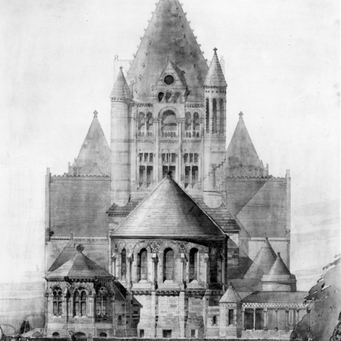 Trinity Episcopal Church in 1877, Boston, MA. Competition drawing by Henry Hobson Richardson.