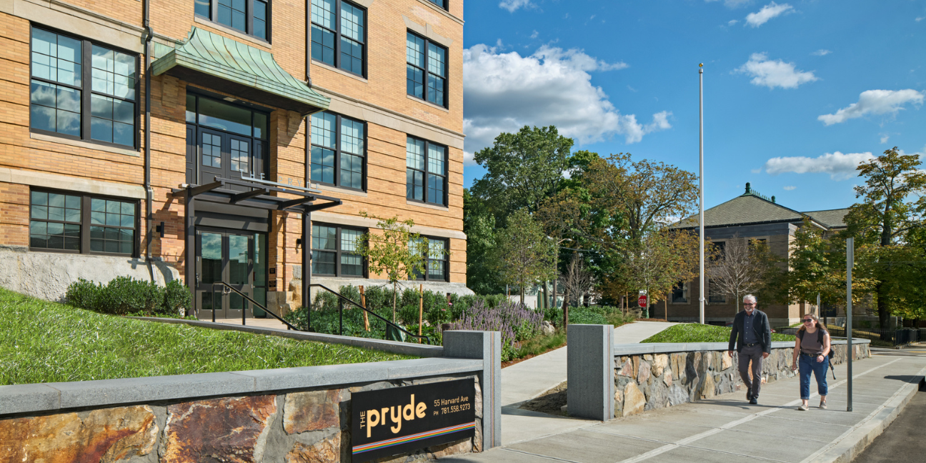 View of the front entrance of The Pryde, a historic landmark, the exterior and interior will be renovated with historically appropriate materials and details respectful to the school’s original character. The Pryde will be Boston’s first LGBTQ-friendly affordable senior housing development. Courtesy of DiMella Shaffer.