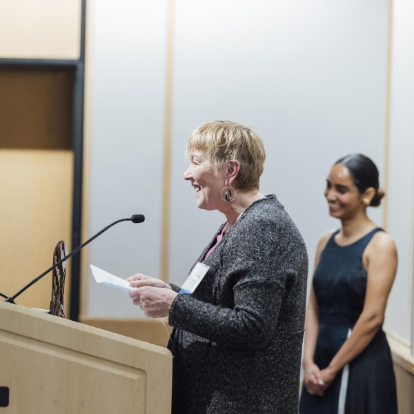 Deborah Crossley, B.Arch'83, speaks while she accepts the 2025 Alumni and Friends Award for Distinguished Alumni in Service.