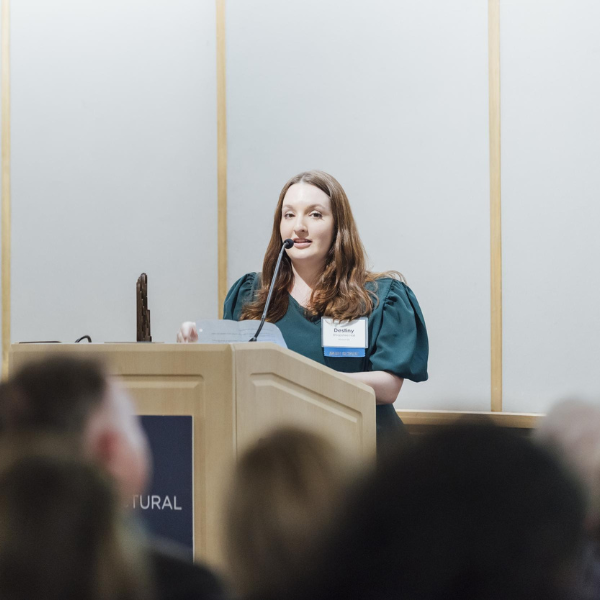 Destiny Shropshire Hall, M.Arch'20, speaks while accepting the 2025 Alumni and Friends Award for Emerging Designer.