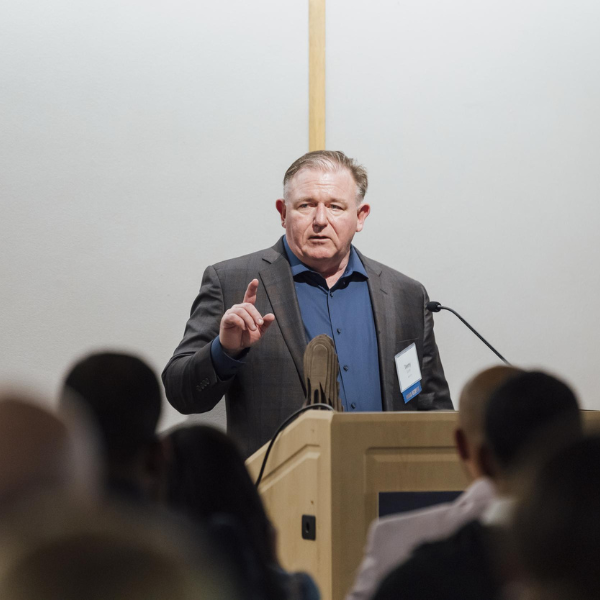Terry Duffy, MLA'13, speaks while accepting the 2025 Alumni and Friends Award for Distinguished Alumni in Landscape Architecture.