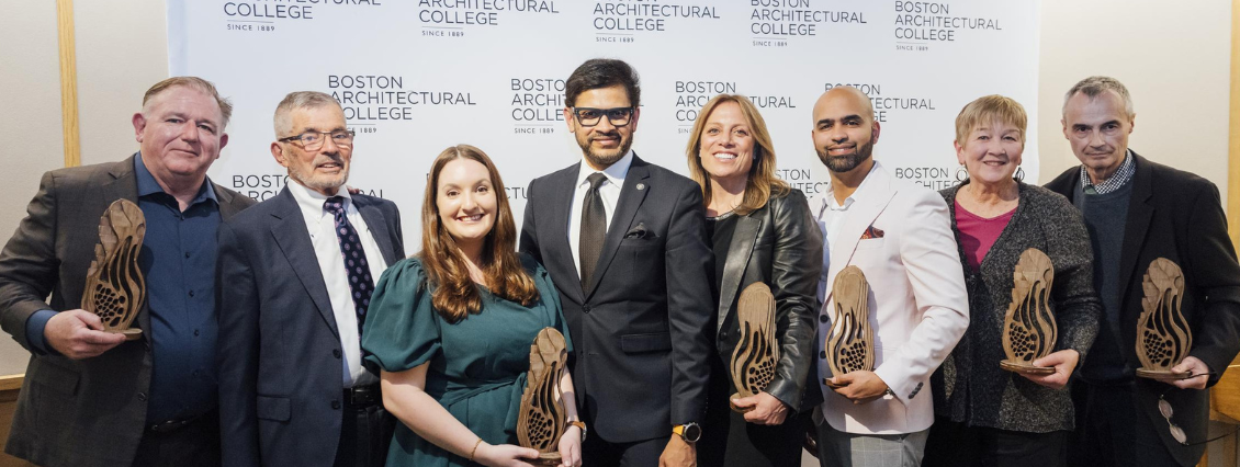 President Mahesh Daas (center) celebrates with the 2025 Alumni and Friends Award winners: Terry Duffy, MLA'13; David Jaquith, Cert'69; Destiny Shrophsire Hall, M.Arch'20; Tiffany LeBlanc, Cert'07; Carlos Alvarado, BID'12, Cert'12; Deborah Crossley, B.Arch'83; and Ian F. Taberner.