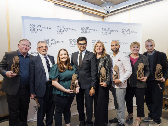 President Mahesh Daas (center) celebrates with the 2025 Alumni and Friends Award winners: Terry Duffy, MLA'13; David Jaquith, Cert'69; Destiny Shrophsire Hall, M.Arch'20; Tiffany LeBlanc, Cert'07; Carlos Alvarado, BID'12, Cert'12; Deborah Crossley, B.Arch'83; and Ian F. Taberner.