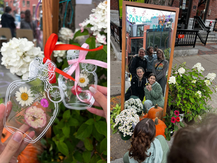 The BAC celebrates Park(ing) Day 2024: pressed flower bookmarks (left) and BAC's SASLA executive board team poses for a group photo (right).