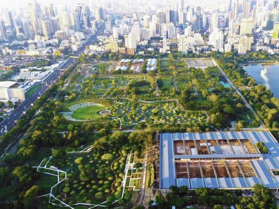 Benjakitti Forest Park: In Bangkok’s urban heart, a former tobacco factory has been transformed into a regenerative system that intercepts stormwater’s destructive force, filters contaminated water, and provides wildlife habitat. Photo Credit: Turenscape.