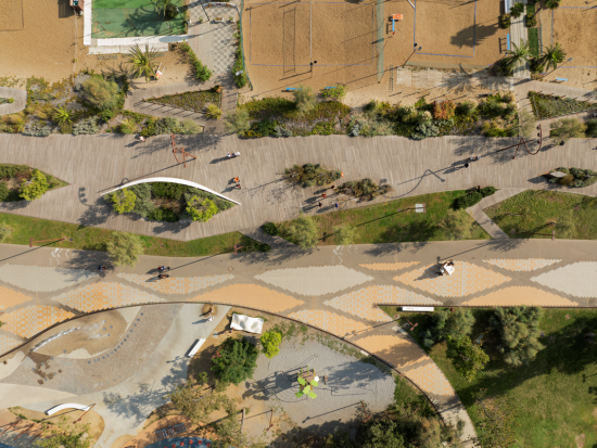 Aerial, bird's eye view of Il Parco del Mare - Rimini, Italy. Photo credit: Roland Halbe.