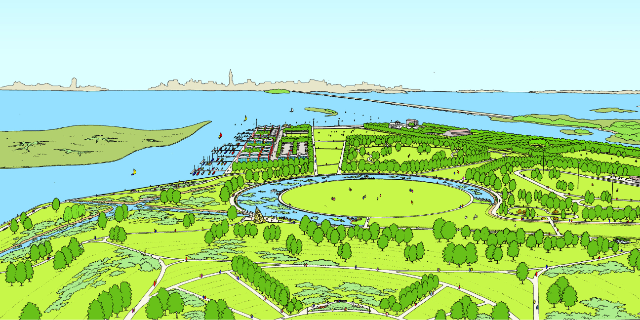 Aerial perspective view of Parco San Giuliano towards Venice and its lagoon. Photo Credit: TBA.